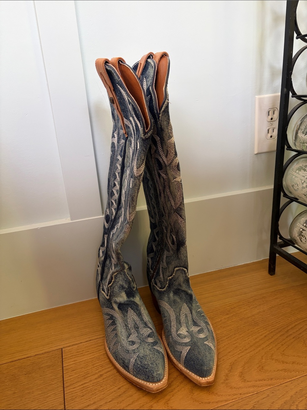 Dan Post Blue Denim Tall Western Boots with Tan Trim